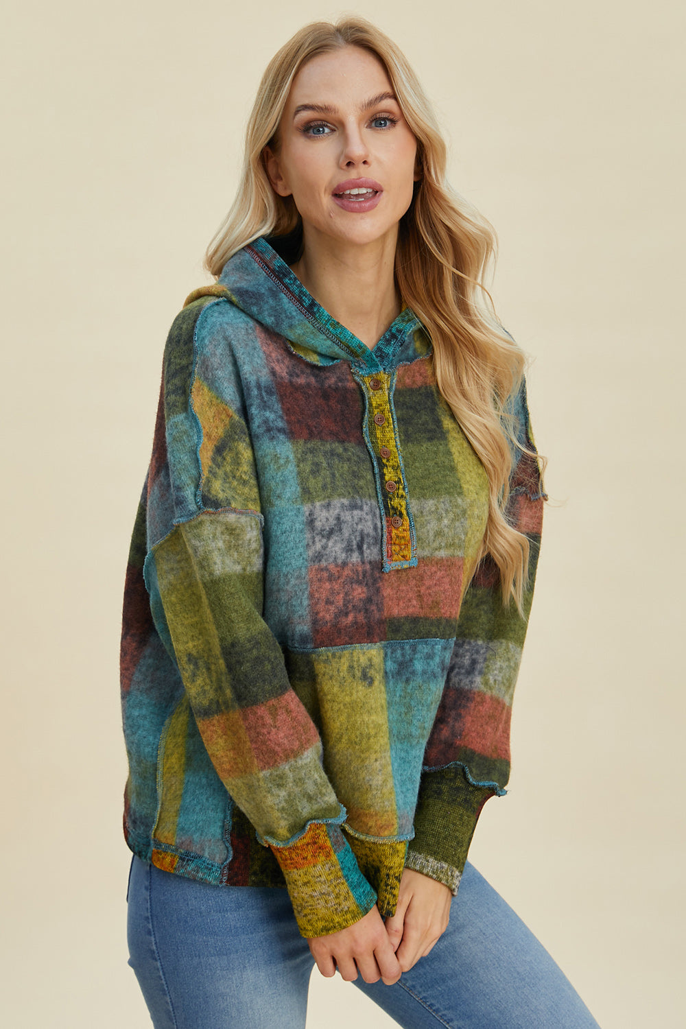 Double Take Full Size Plaid Dropped Shoulder Hoodie