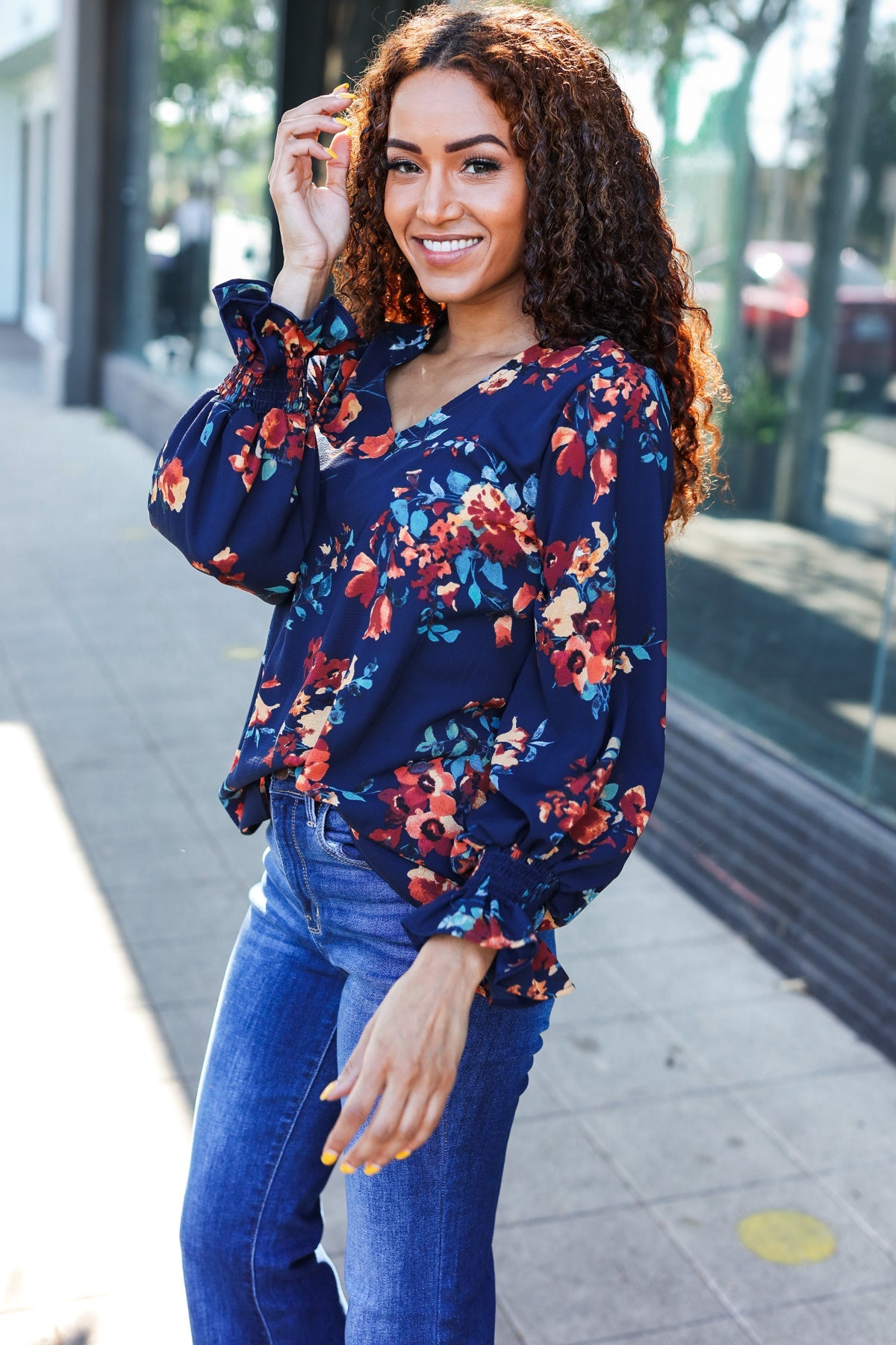 Lovely In Navy Floral Print Smocked Bubble Sleeve Woven Top