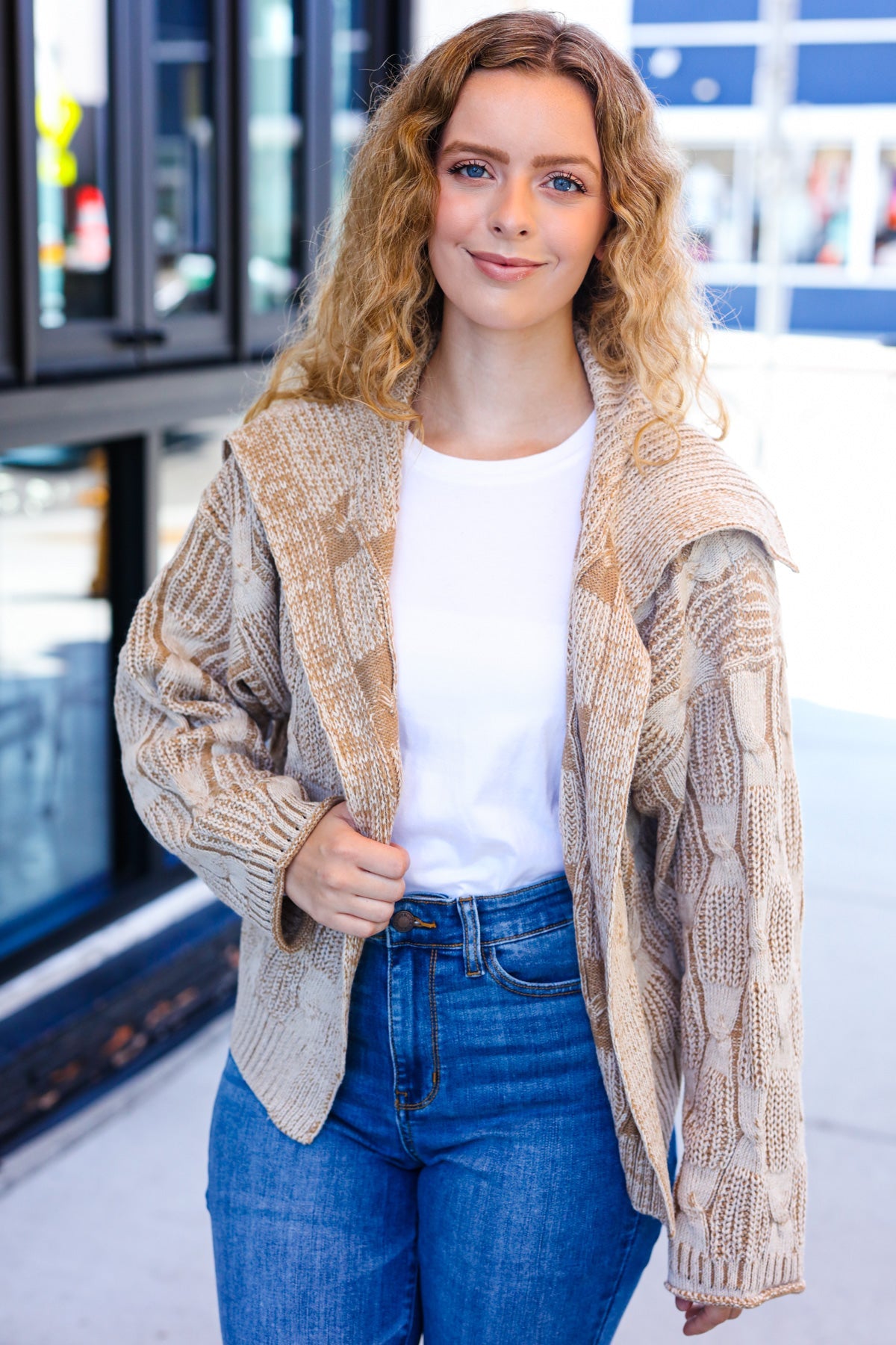 Autumn Vibes Taupe Textured Cable Knit Collared Cardigan