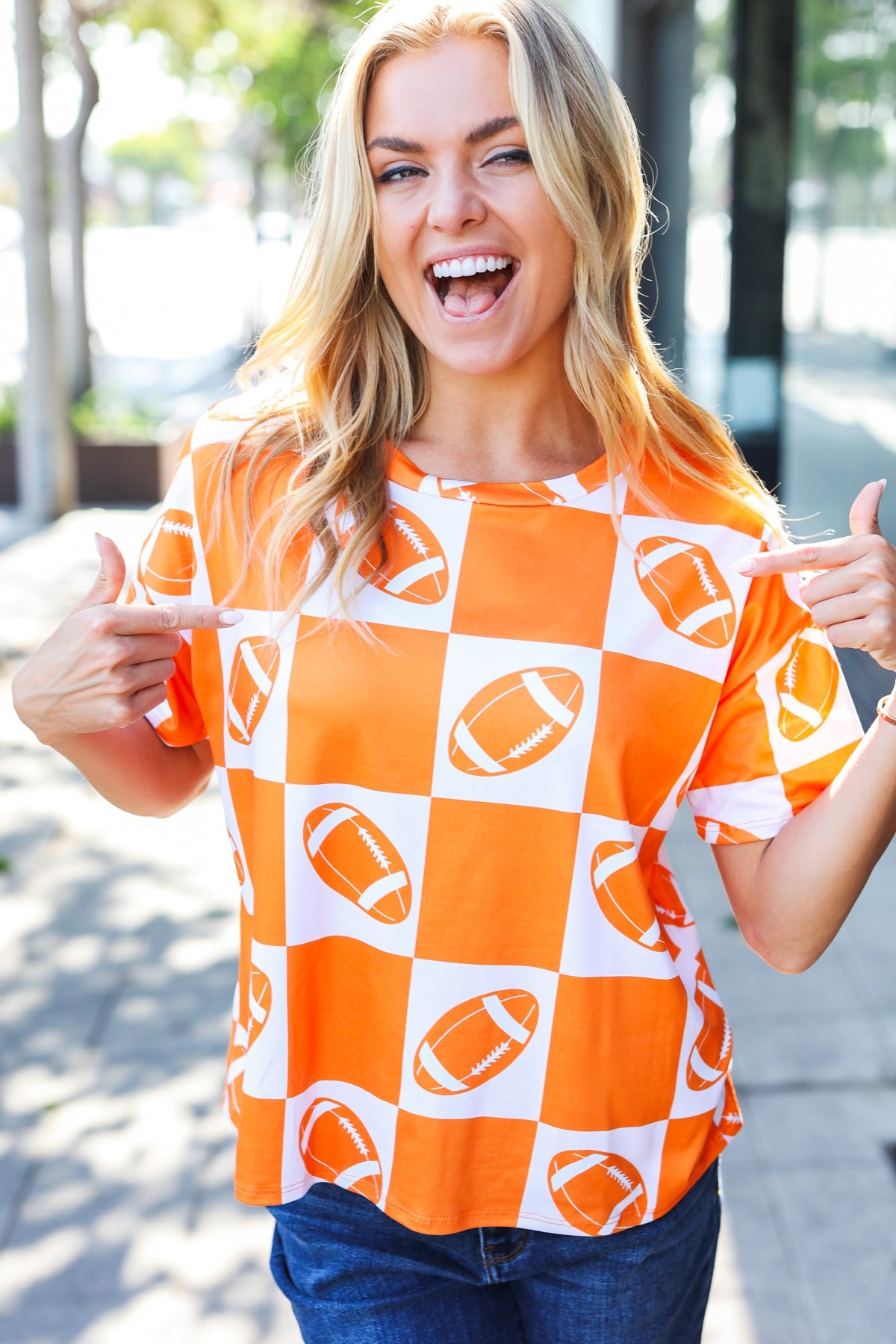 Turn Up The Volume Orange Football Checker Top