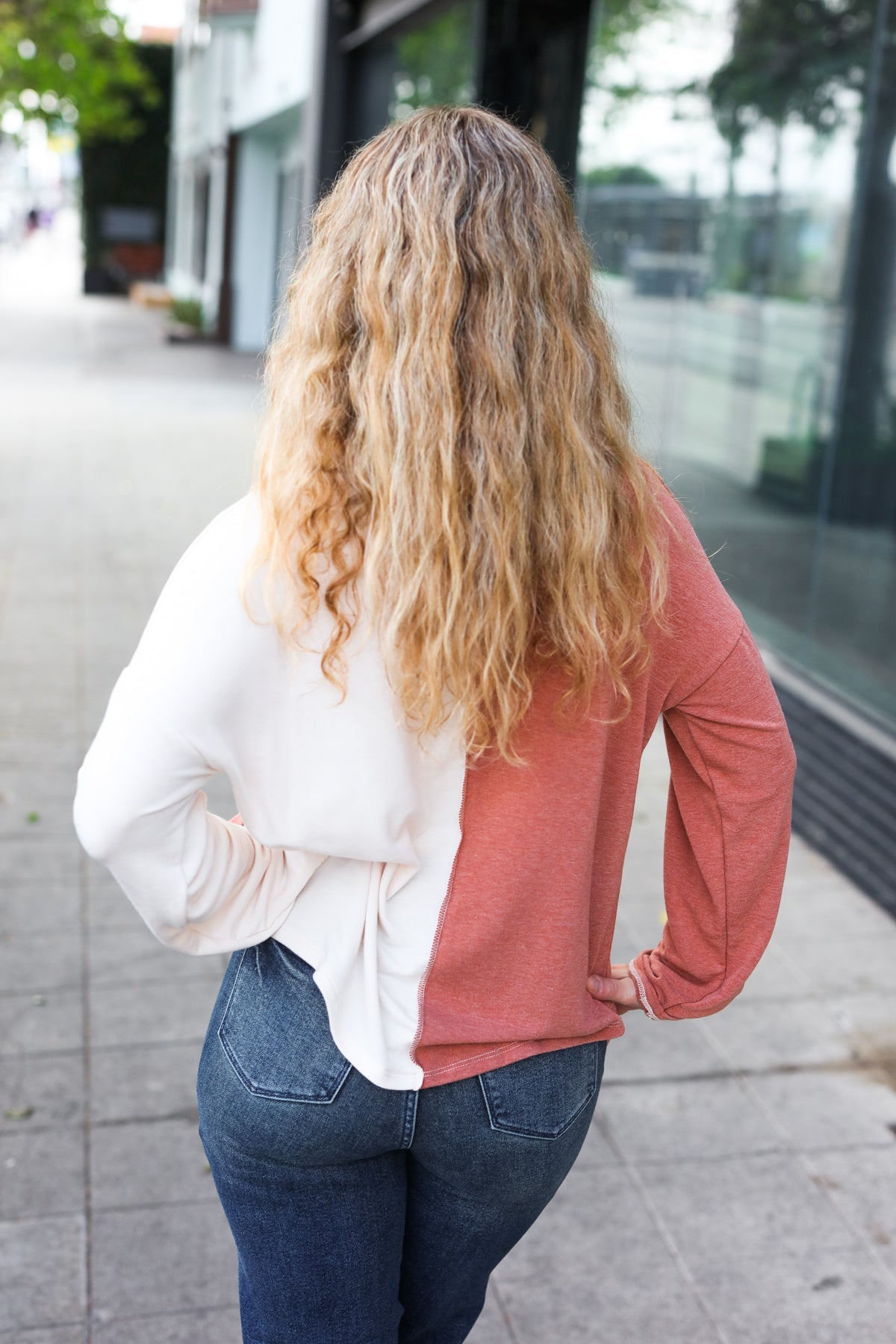 Start Your Day Rust Half & Half Collared Notched Neck Top