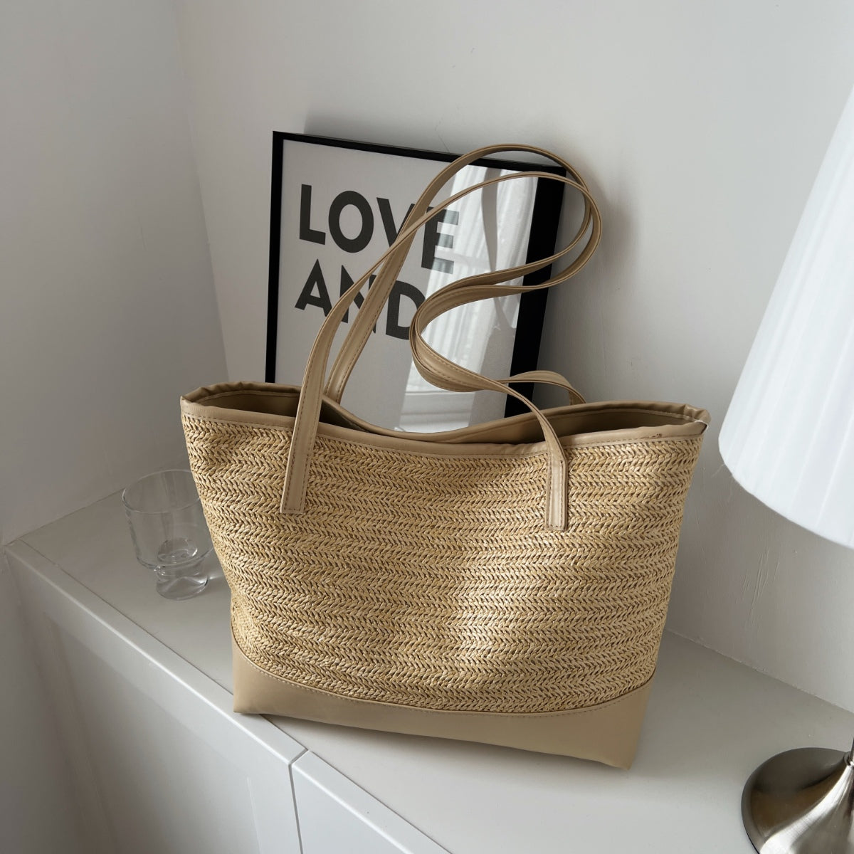 Straw Weave Leather Strap Tote Bag
