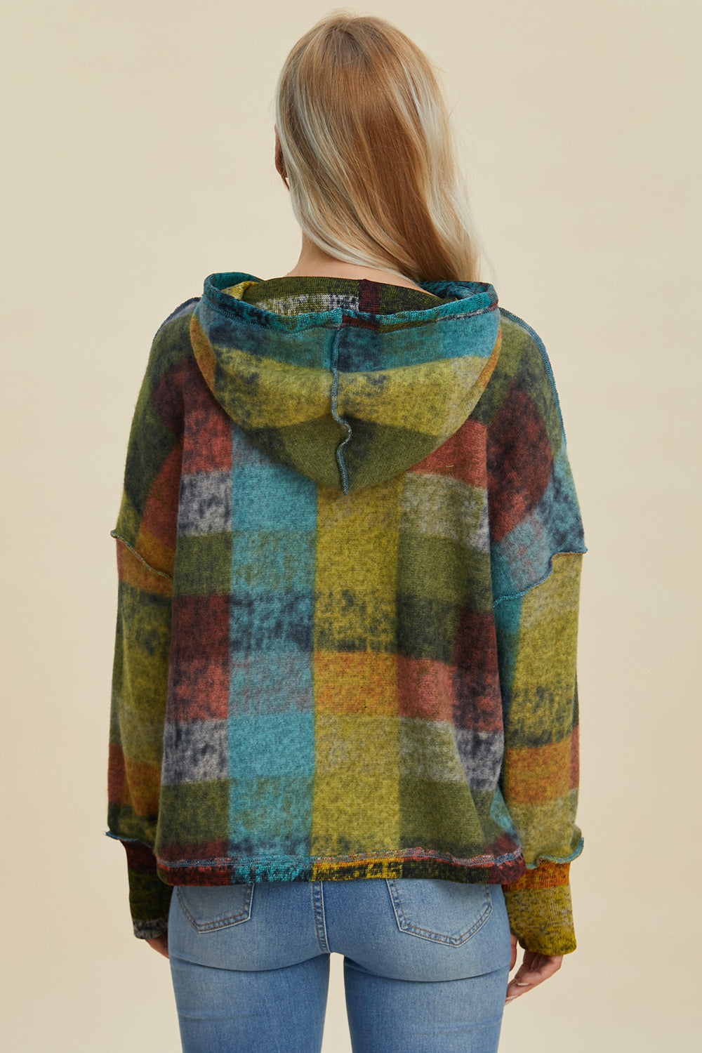 Double Take Full Size Plaid Dropped Shoulder Hoodie