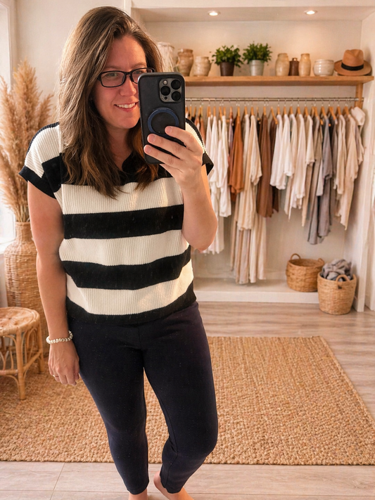Double Take Full Size Striped V-Neck Short Sleeve Sweater