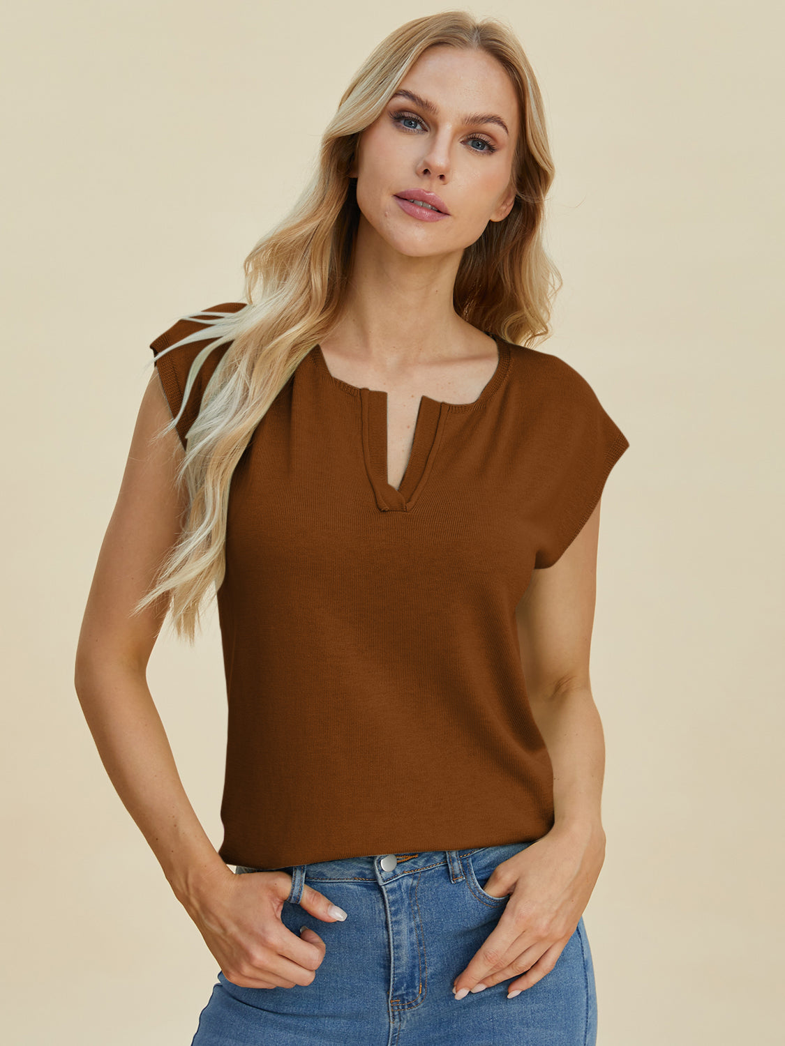 Double Take Full Size Notched Cap Sleeve Knit Top