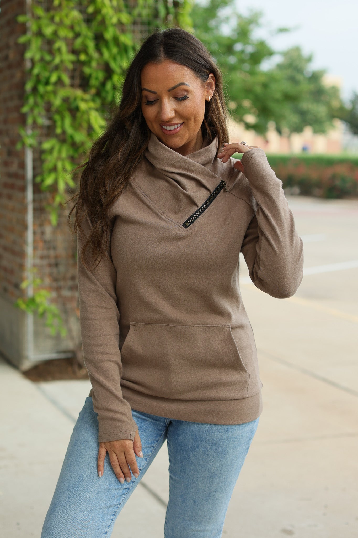 IN STOCK Classic Zoey ZipCowl Sweatshirt - Mocha FINAL SALE