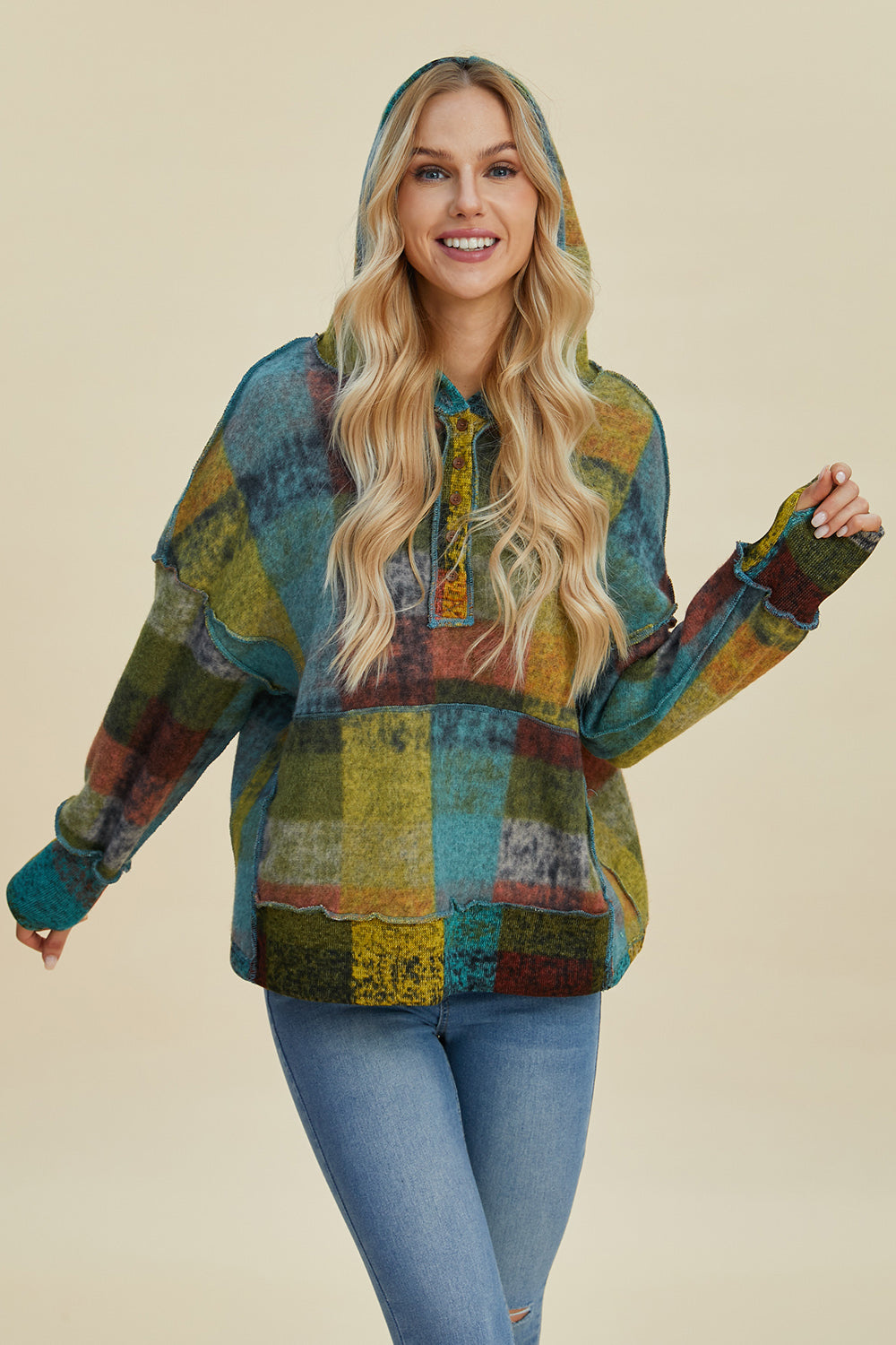 Double Take Full Size Plaid Dropped Shoulder Hoodie