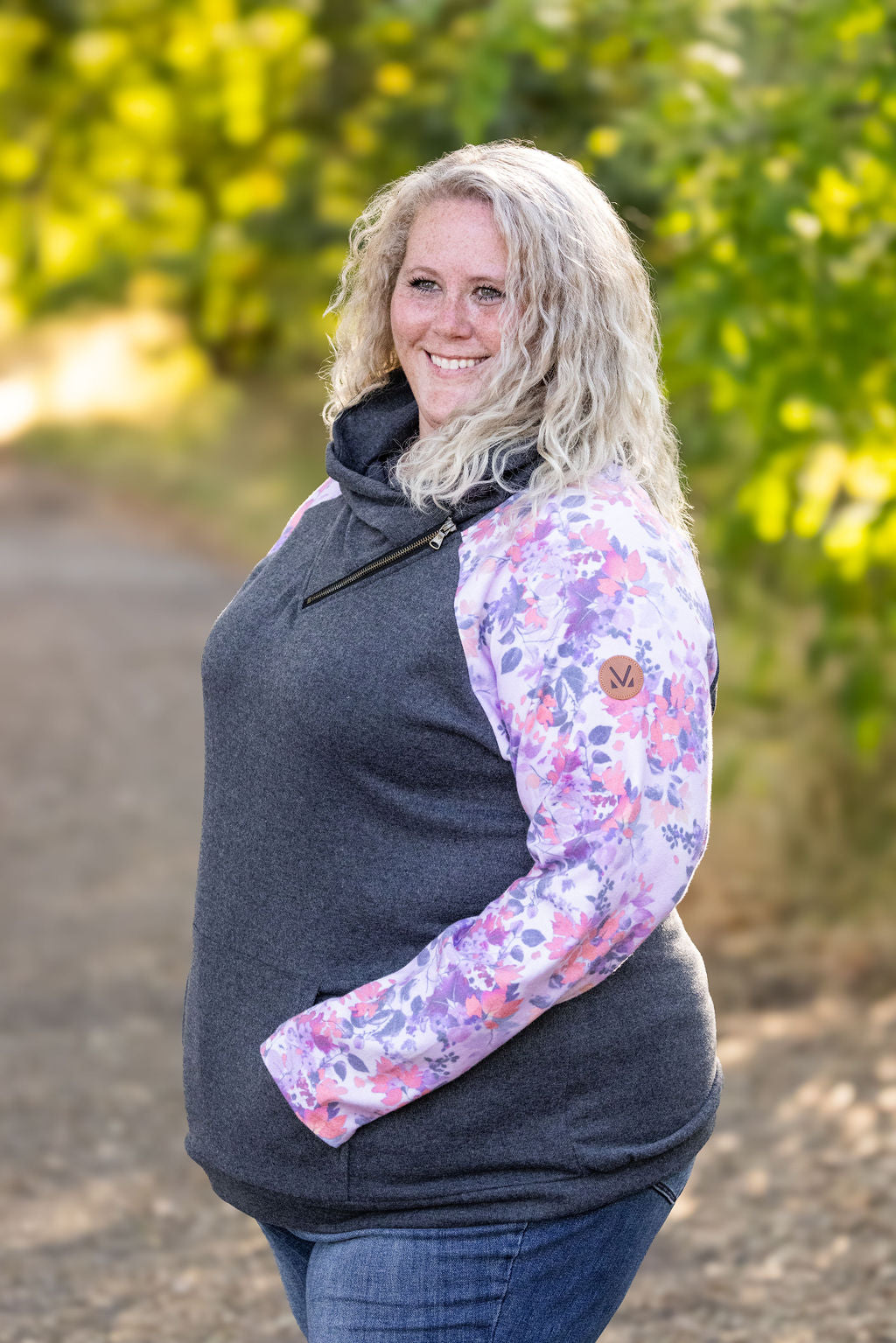 IN STOCK Zoey ZipCowl - Charcoal and Floral Leaves FINAL SALE