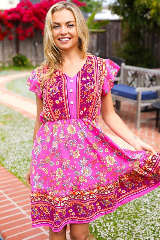 Find Romance Fuchsia Boho Floral Button V Neck Ruffle Dress