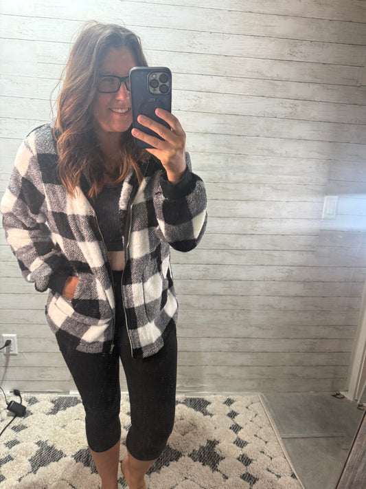 Double Take Full Size Plaid Long Sleeve Hooded Coat