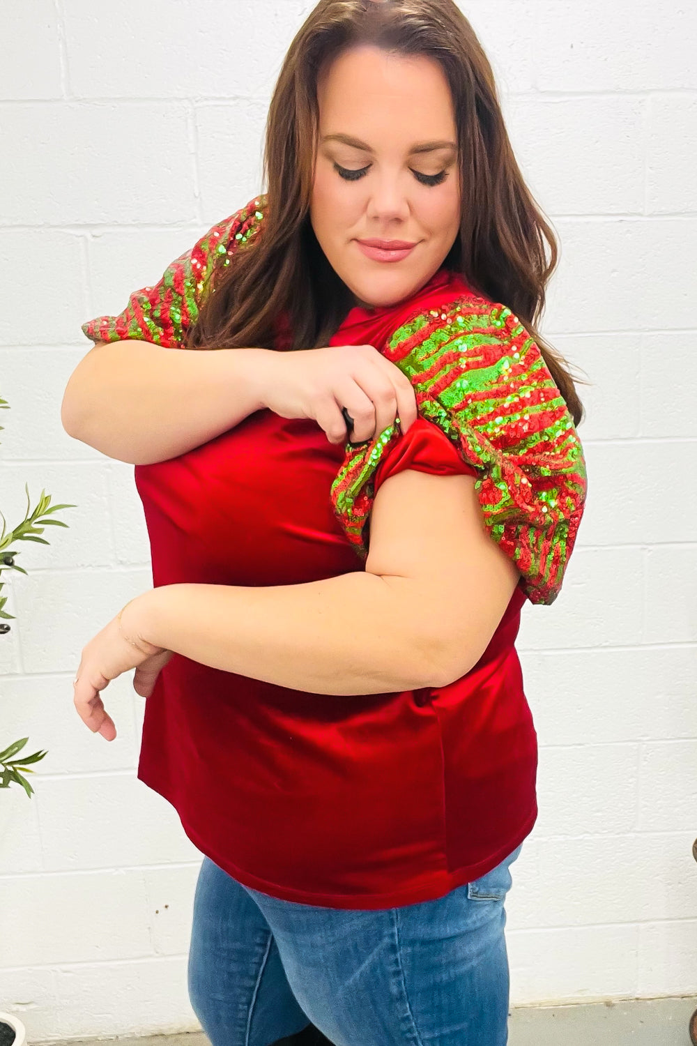 Warmest Wishes Red & Green Sequin Puff Sleeve Velvet Top