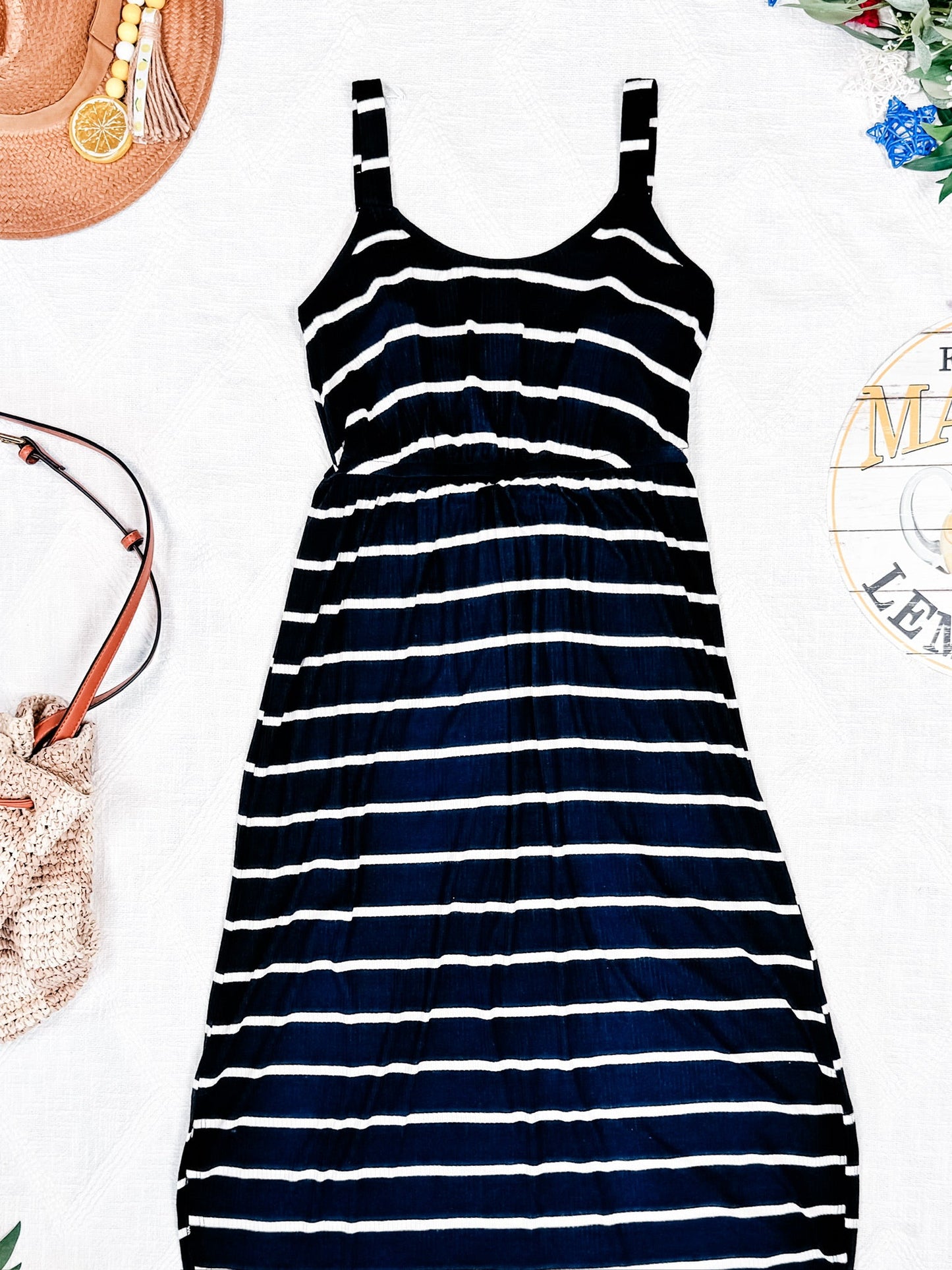 IN STOCK Reagan Ribbed Midi Dress - Midnight Navy Stripes FINAL SALE