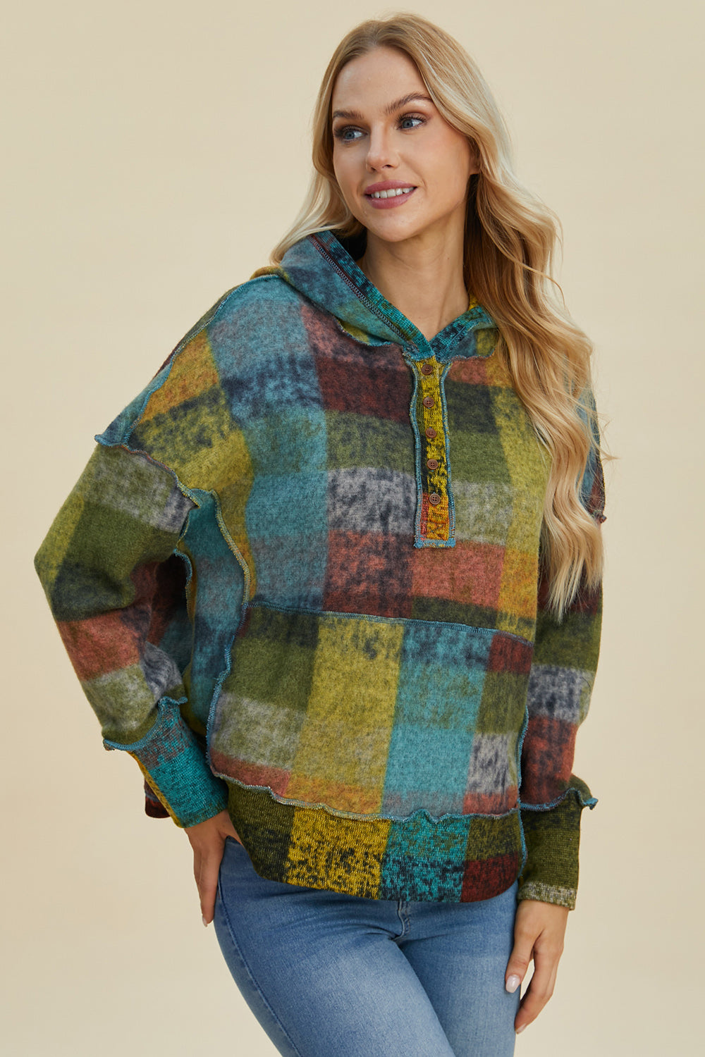 Double Take Full Size Plaid Dropped Shoulder Hoodie