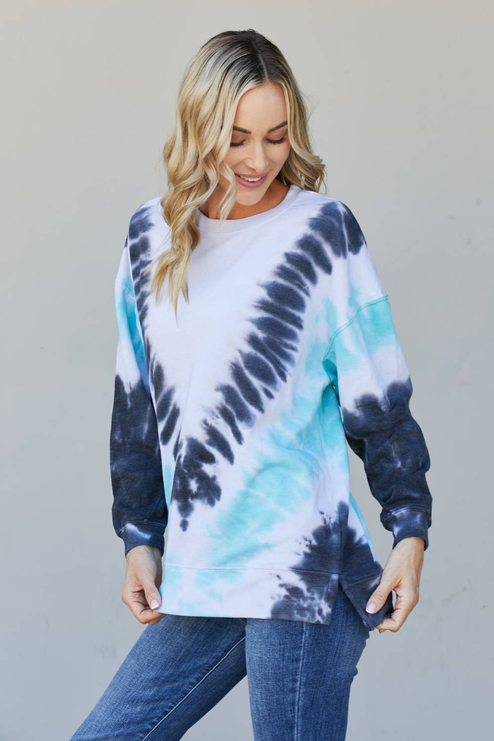 Sew In Love Full Size Tie-Dye Side Slit Sweatshirt